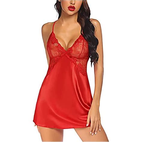 Ensemble De Lingerie Sexy En Dentelle Robe De Nuit En Satin Autrement Rouge Col En V Rouge
