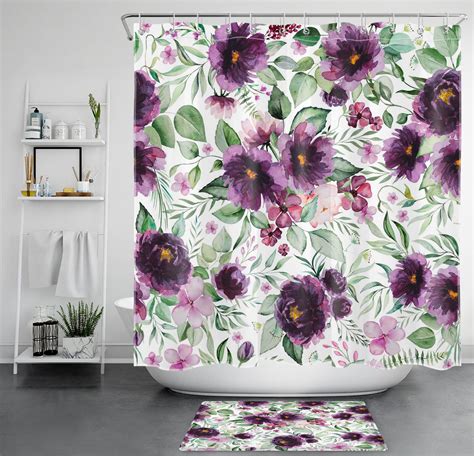 Nature Farmhouse Green Leaf Purple Floral Shower Curtain Set For