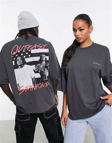 Asos Design Unisex Oversized T Shirt With Outkast Print In Charcoal Asos