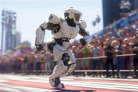 Premium AI Image | A humanoid robot running in a marathon with cheering ...