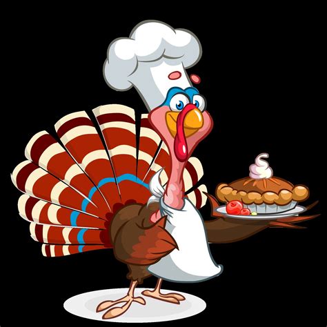 Thanksgiving cartoon turkey chief cook serving pumpkin pie. Vector ...