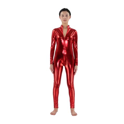 Adult Front Zipper Red Shiny Metallic Tight Zentai Bodysuit Custom Made