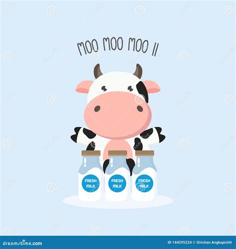 Cute Cow With Milk Bottles Vector Illustration Stock Vector