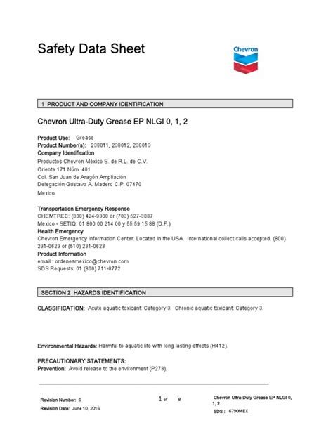 Safety Data Sheet: Chevron Ultra-Duty Grease EP NLGI 0, 1,, 57% OFF