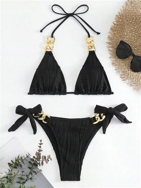 SHEIN STRÓJ KĄPIELOWY BIKINI CZARNY ŁAŃCUSZKI ZŁOTE DWUCZĘŚCIOWY M M