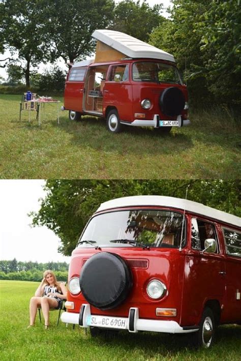 Two Pictures Of A Red And White Vw Bus Parked In The Grass