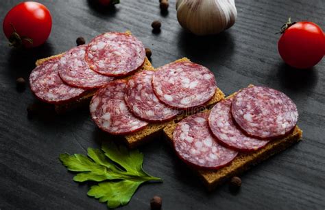 Salami Sandwich. Open Sandwich Of Salami Slices On White Bread. Stock ...