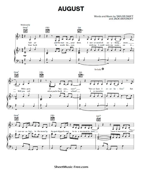 August Sheet Music Taylor Swift - ♪ SHEETMUSIC-FREE.COM