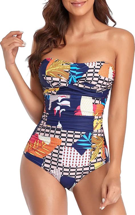 Lake Como Abstract Blue One Piece Tummy Control Bandeau Strapless Swim Marco Bella