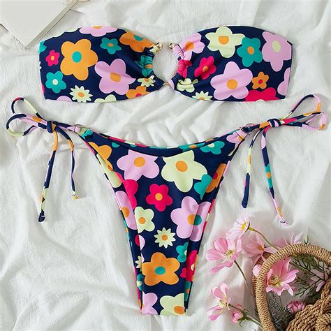 Sexy Women Floral Bikini Set Two Piece Strapless Swimsuit Lace Up Sexy String Bikinis