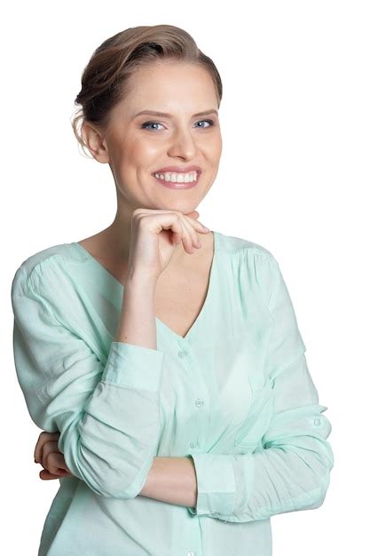 Retrato De Feliz Mujer Joven Aislado Blanco Plano De Fondo Foto