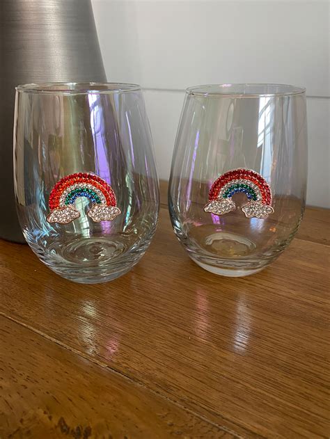 Set Of 2 Stemless Iridescent Wine Glasses With Rainbow Etsy