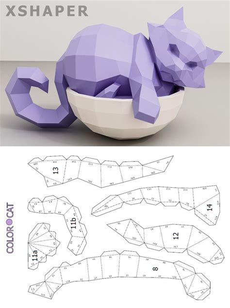 Papercraft Cat In A Bowl 3d Paper Craft Cat Model Digital Etsy 3d