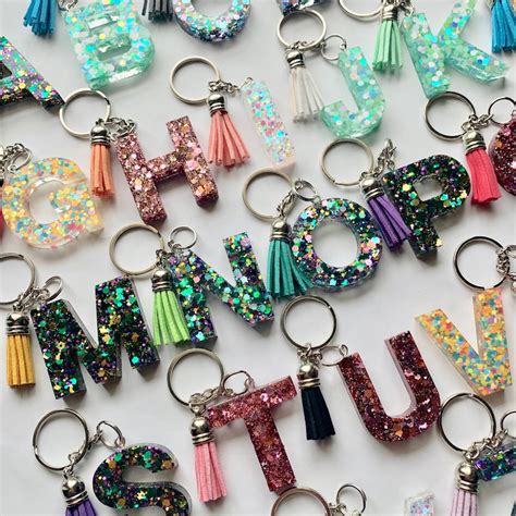 Resin Letter Keychain Tassel Glitter Initial Keychain Etsy