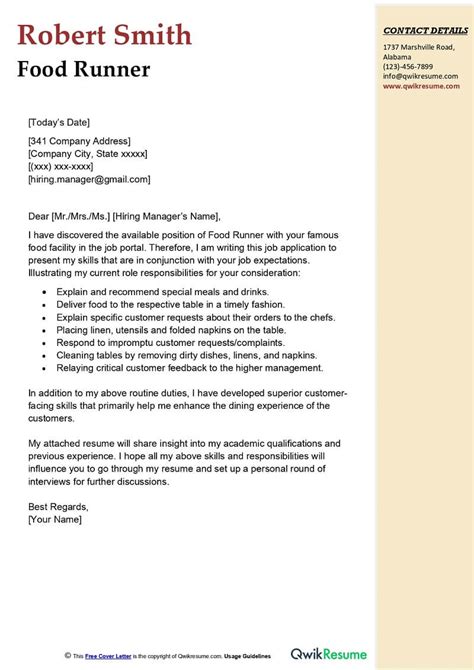 Food Runner Cover Letter Examples Qwikresume