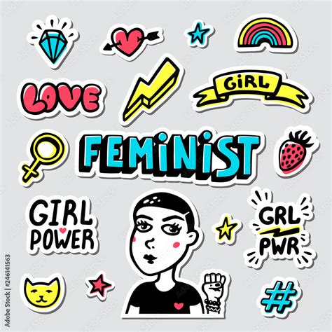 Feminist Sticker Set Feminist Cute Hand Drawing Illustration For Print Brochure Greeting Card