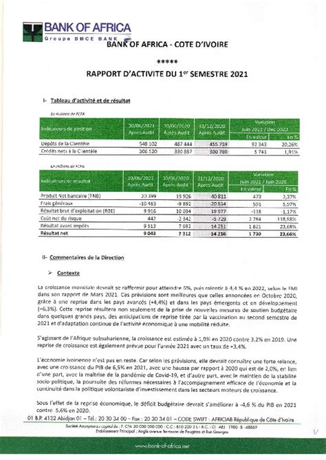 Rapport d activité du 1er semestre 2021 BOA CI Abidjan net Documents