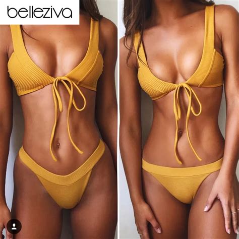 Belleziva Deep V Sexy Swimwear Shoulder Strap Tied Solid Color Women Bikini Set Summer Swimsuit