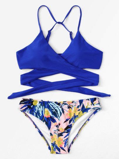 SHEIN Criss Cross Top With Floral Print Bikini Set Printed Bikini