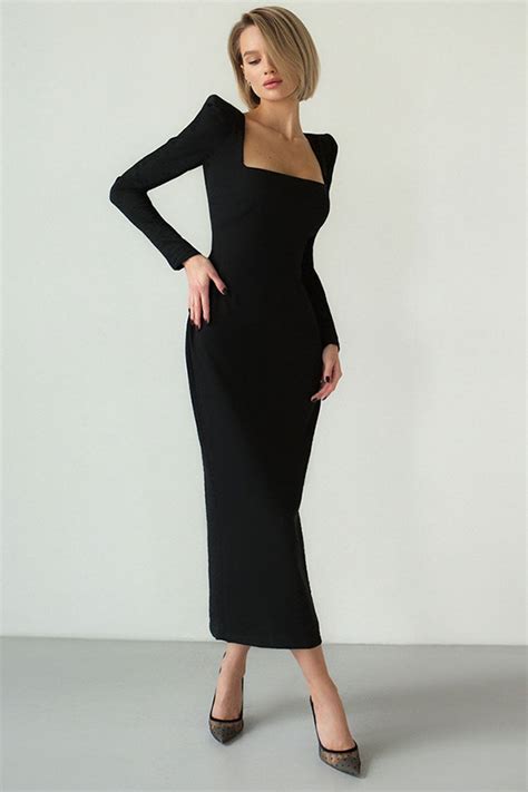 Chic Square Neck Padded Long Sleeve Cocktail Party Midi Dress Black