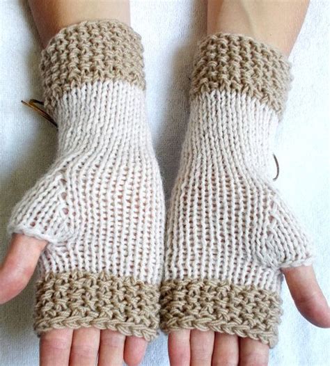 Knit Fingerless Gloves Corset Wrist Warmers In Light Brown Beige White