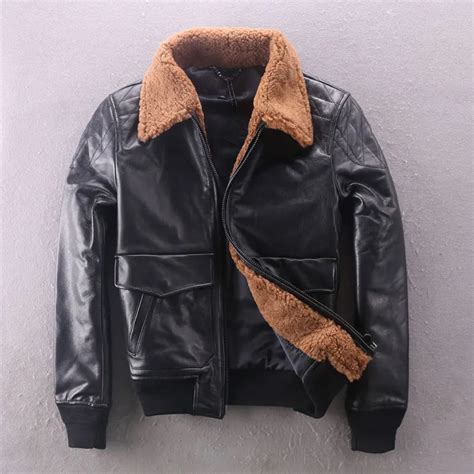 2017 Natural Lamb Fur Collar Cow Leather Flight Jacket Men Vintage Genuine Leather Coat For Men