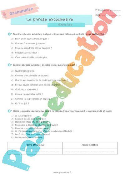 La phrase exclamative Exercices de grammaire pour la 6ème PDF à