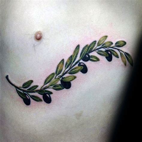 Naturally colored olive branch with olives tattoo on man"s chest ...