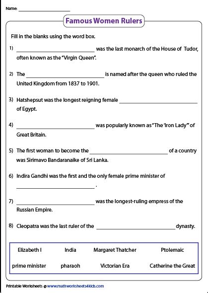 Famous Women Rulers Fill In Famous People In History School Age Activities Word Boxes