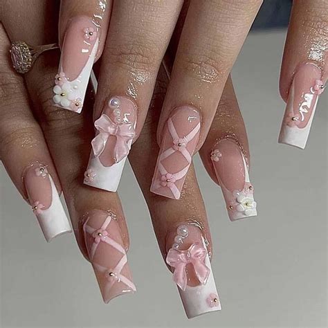 Foccna Press On Nails Medium Long Rhinestone Pink Fake Nails Square