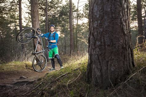 Offroad Mountain Biker Proud Of His Bike Stock Photo Image Of Tree