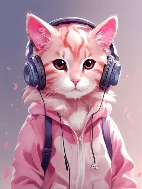 Premium Ai Image Cute Anime Cat Wearing Earphones Pink Cat With Headphones Illustration Painting