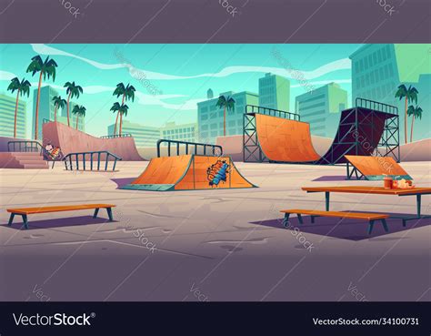 Skate Park With Ramps In Tropical City Royalty Free Vector