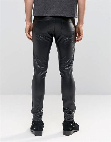 Asos Denim Extreme Super Skinny Jeans In Faux Leather In Black For Men