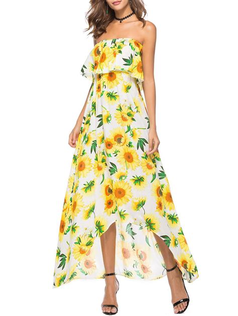 45 Off Sunflower Print High Low Strapless Boho Dress Rosegal