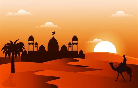 Sunset Arabic Desert Camel Caravan Muslim Islamic Culture Illustration