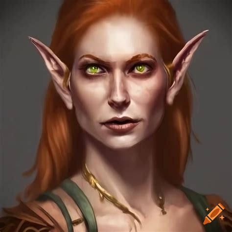 Portrait Of Claudia Black As A Middle Aged Female Elf With Dark Auburn Hair And Hazel Eyes On