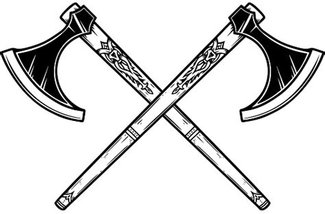 Illustration Of Two Crossed Viking Axe In Engraving Style Design