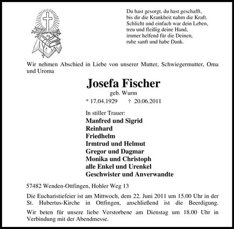 Traueranzeigen Von Josefa Fischer Trauer In Nrw De