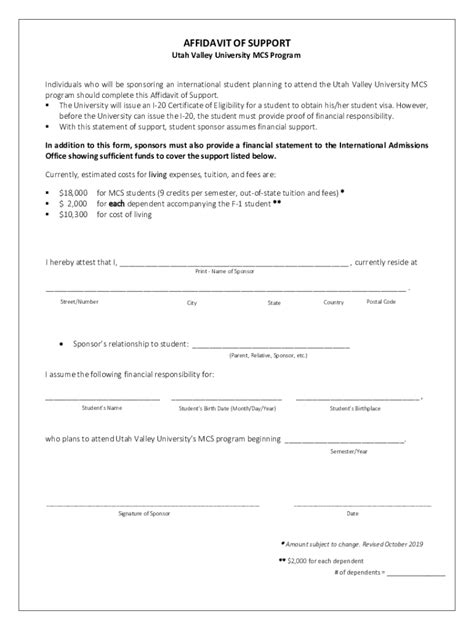 Fillable Online The University Of Utah Affidavit Of Support Fax Email