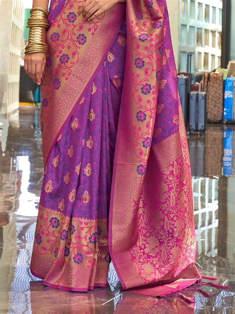 Buy Purple And Rani Pink Zari Weaving Silk Wedding Wear Saree From Ethnic Plus