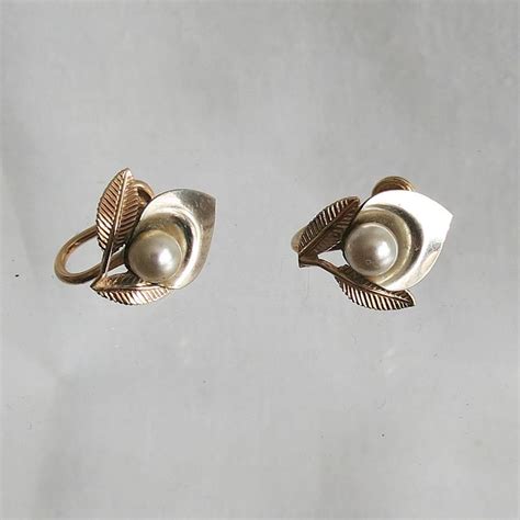 Vintage Van Dell Gf Earrings Calla Lily Cultured Pearl 12k Gold Filled