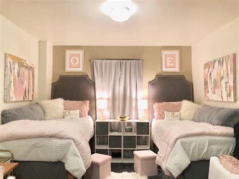 Pink White Gray And Gold Dorm Room