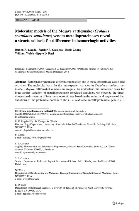 (PDF) Erratum to: Molecular models of the Mojave rattlesnake (Crotalus ...