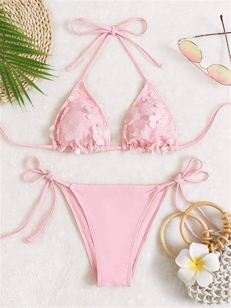 Ba Ador Bikini Con Tanga Tri Ngulo Aplique Rosa P Lido Yaxa Store