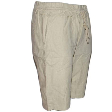 Pantaloni Corti Shorts Pantaloncini Uomo Di Puro Lino Beige Con