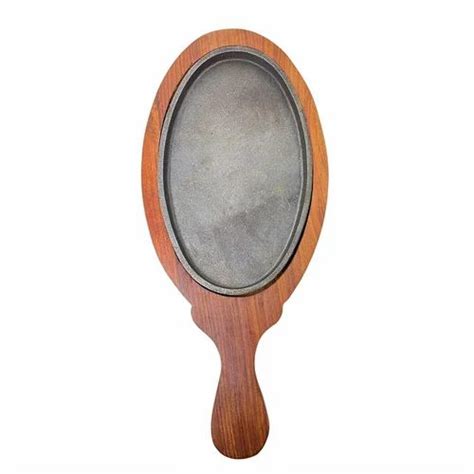 Oval Sizzler Plate With Wooden Base And Handle At Piece Veg