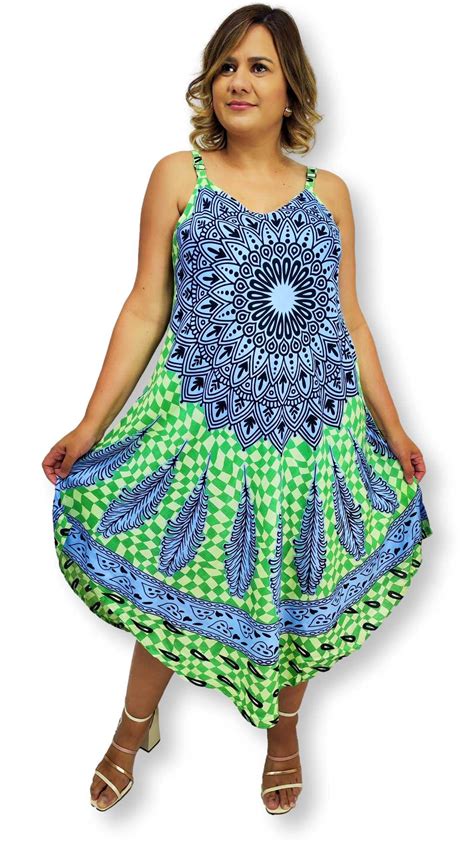 Vestido Indiano Trapézio Alça Plus Size Mandala E Penas 5006 é Na Sarat