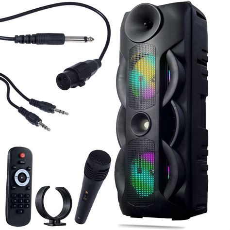 Caixa Som Portátil Rodinhas Bluetooth LED RGB Amplificada TWS Aux P2