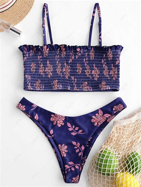 13 OFF 2019 ZAFUL Floral Smocked Ruffle Bralette Bikini Set In DENIM